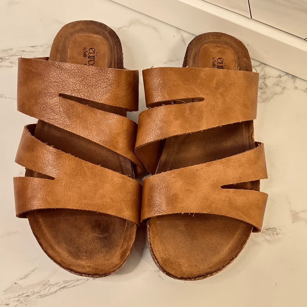 EuroSoft by Sofft Leather Slide Sandals Women’s 9M Brown Comfort Cork Footbed